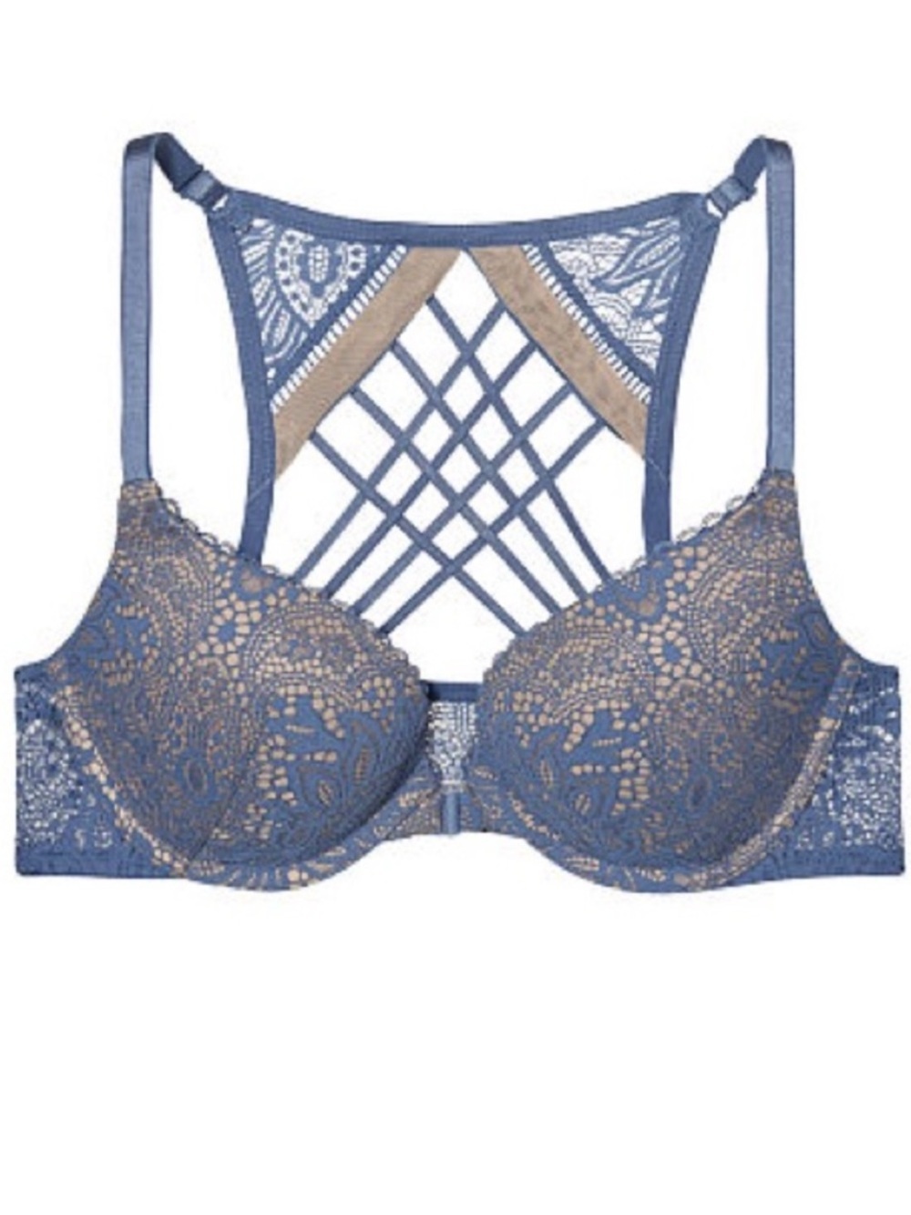 VICTORIA’S SECRET 34DD Very Sexy Push-Up Bra Front Close Strappy Back Blue Lace